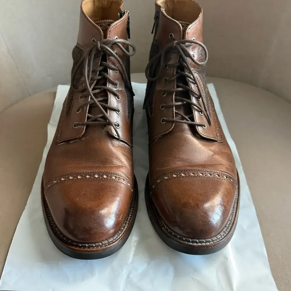 Johnston & Murphy Men's 9.5M Brown Leather Cap Toe Brogue Boots Wool Panel Side